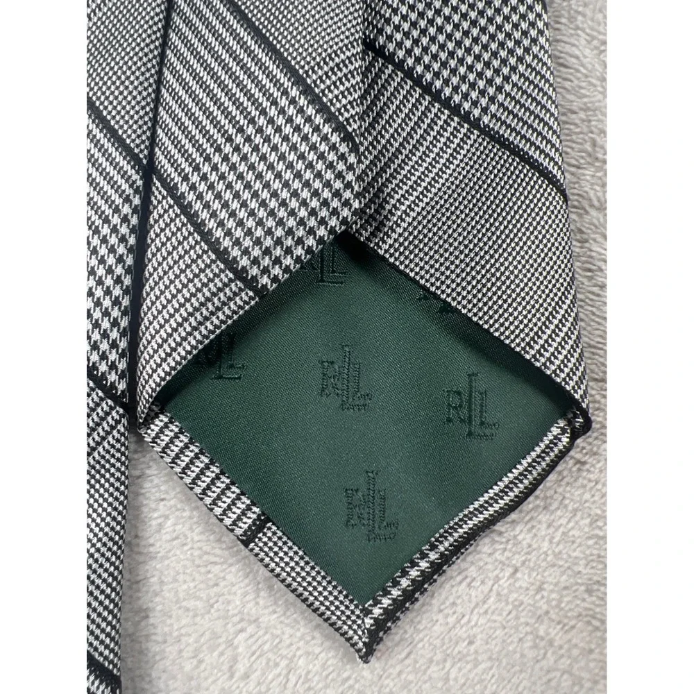 Lauren Ralph Lauren Mens Black White Glen Plaid Check Woven Silk Blend Tie